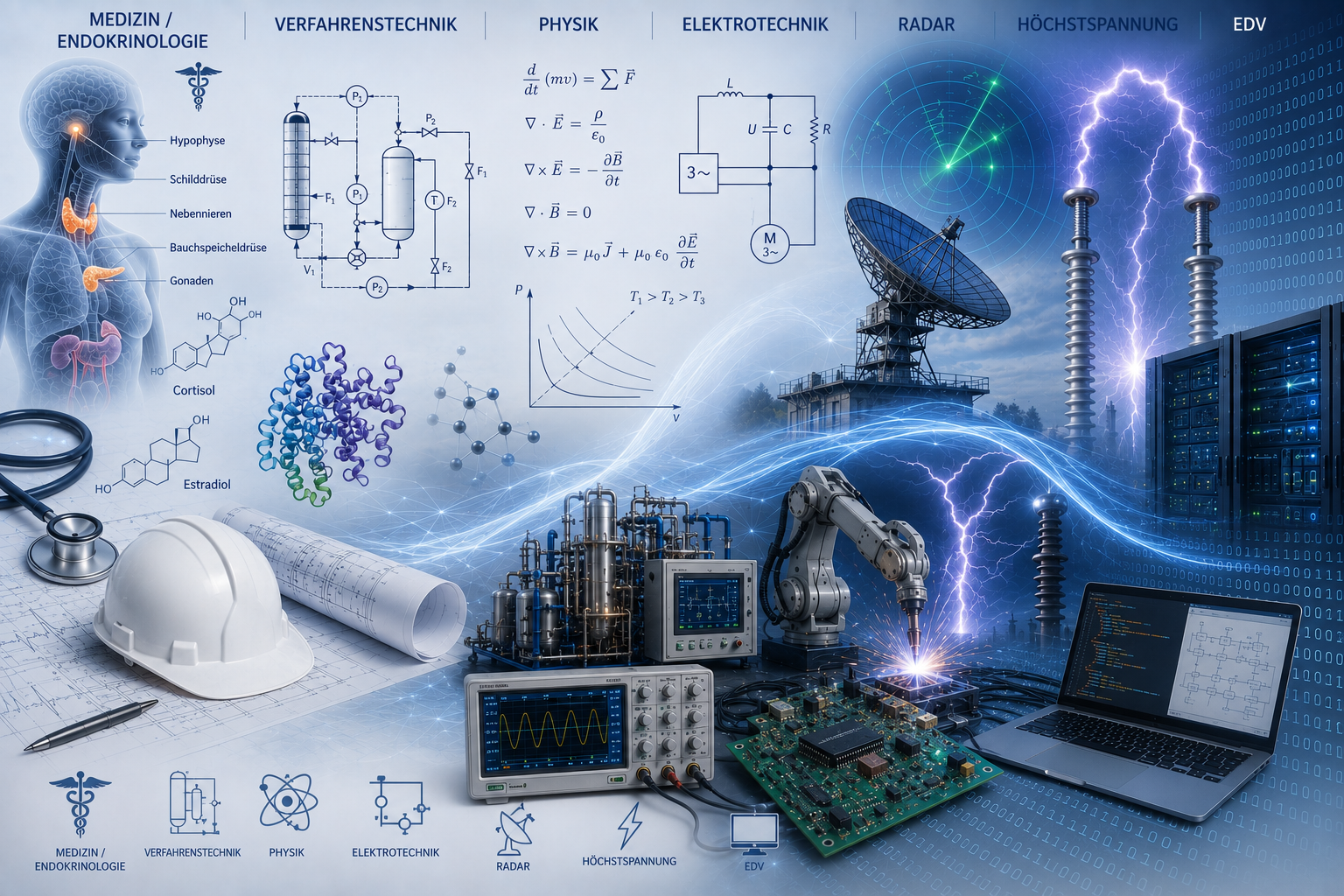 Collage aus Anlagenbau, Verfahrenstechnik, Physik, Elektrotechnik, Radar, H&ouml;chstspannung und EDV